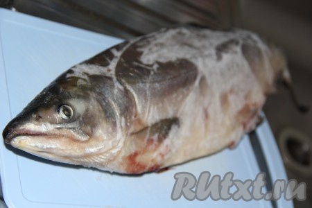 Я использую замороженную потрошёную горбушу. Предварительно оставляю рыбу при комнатной температуре на 1 час, за это время она ещё не полностью разморозится.