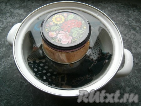 В большую кастрюлю влить холодную воду, на дно выложить тряпочку, сложенную в 2-3 раза. Банку с салом прикрыть крышкой и поместить в кастрюлю с водой, которая должна доходить до "плечиков" банки.
