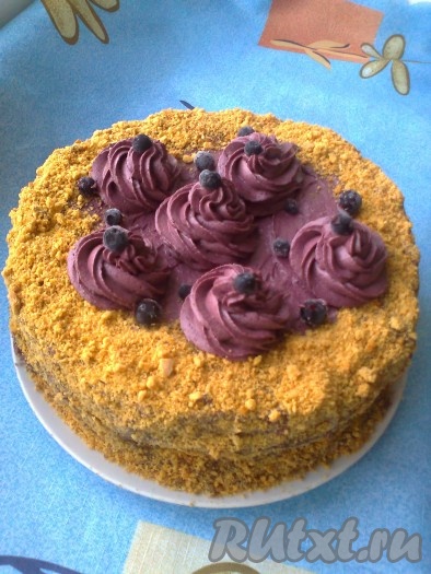 Края и бока торта обсыпать крошкой. Сверху украсить с помощью кондитерского мешка и насадки узором из отложенного крема, ягодами черники. Дать торту пропитаться в течение хотя бы 2 часов, в идеале - 12 часов.