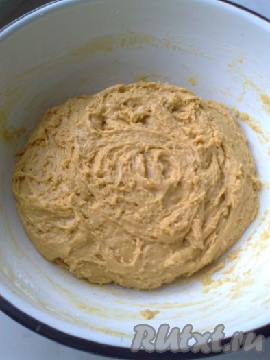 В получившуюся массу всыпать просеянную муку, замешивая тесто деревянной лопаткой. Тесто получится вязким.
