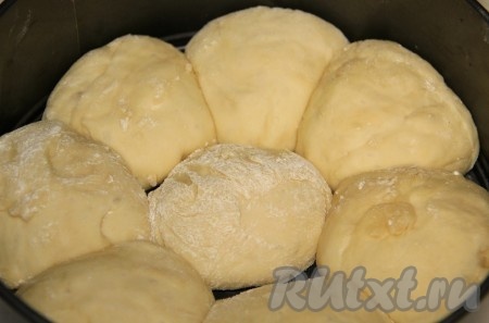Когда тесто подойдёт, обмять его, разделить на 8 частей. Каждую часть скатать в шарик. Выложить шарики в форму для выпечки, смазанную растительным маслом, на небольшом расстоянии друг от друга. Дать постоять 20 минут.&nbsp;