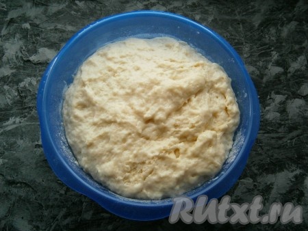 Накрыть посуду с тестом пленкой и оставить в теплом месте на 1 час, после этого тесто обмять (ложкой) и оставить еще на 30-40 минут. Тесто очень хорошо увеличится (раза в 3).
