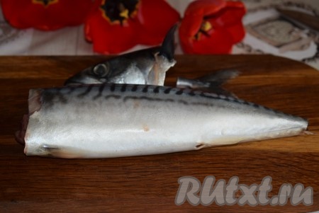 Для начала разморозим скумбрию при комнатной температуре. Отрежем голову и хвост от тушки.
