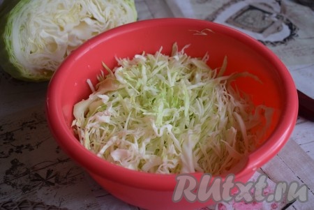 Складываем капусту в миску, слегка присолим, чтобы капуста начала пускать сок (если капуста не молодая, её лучше помять руками). Оставим капусту на 15-20 минут в покое.
