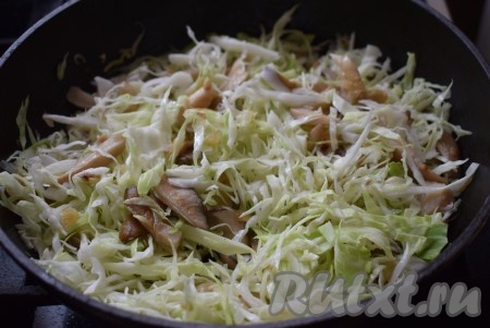 По истечении времени к вешенкам с луком добавляем капусту и тушим минут 15-20 (до готовности капусты), иногда помешивая.
