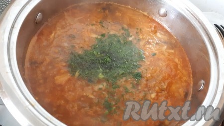 Довести до кипения. Проверить суп на соль, если нужно - досолить, если квашеная капуста очень кислая - добавить щепотку сахара. Варить щи 5 минут.

Добавить в блюдо нарезанную зелень. Выключить огонь и дать супу настояться под крышкой.