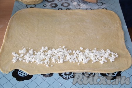 Отступив немного от края, выложить на тесто полоску творога (как на фото). В ингредиентах указано количество начинки, которое потребуется на формирование двух рулетов, поэтому на формирование 1 рулета потребуется 50 грамм творога, 25 грамм цукатов и 25 грамм орехов.
