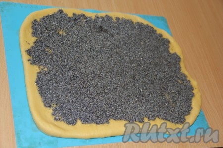 Тесто разделить на 2 равные части. Раскатать каждую часть в пласт толщиной, примерно, 0,5 см. Выложить маковую начинку на тесто, равномерно распределяя её по поверхности каждого пласта теста.
