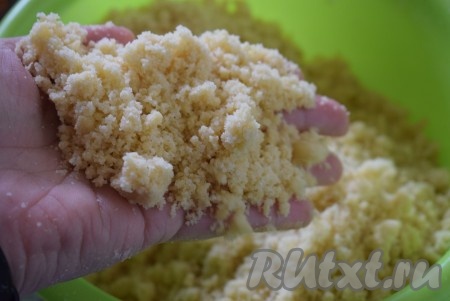 Растираем все ингредиенты между собой руками в легкую крошку. Тесто должно получиться рассыпчатым, не надо делать из него шар, это насыпное тесто и оно должно остаться крошкой даже после замешивания. Далее миску с крошкой, накрыв плёнкой, отправляем в холодильник на 20 минут.
