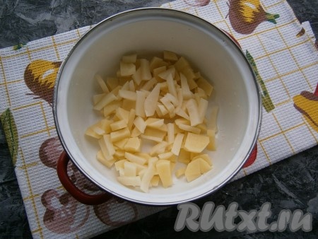 Картофель, морковь и репчатый лук очистить. Картошку нарезать небольшими кусочками, выложить в кастрюлю, залить 1 литром воды. Поставить кастрюлю на огонь, довести воду до кипения, посолить.
