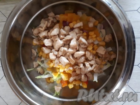 Сюда же выложить остывшее обжаренное куриное филе.

