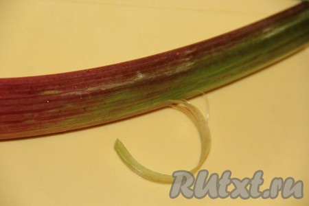 Стебли ревеня вымыть и снять тонкую кожицу.
