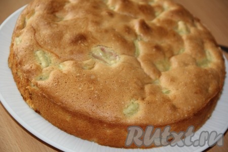 Выпекать шарлотку с ревенем в разогретой духовке минут 40 при температуре 200 градусов. Готовность шарлотки проверить зубочисткой (при прокалывании готовой выпечки на зубочистке не останется следов теста). Пирог хорошо поднимется. Слегка остудить шарлотку в форме, а затем достать и переложить на&nbsp; тарелку.
