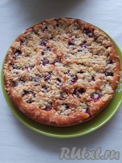 Поместить форму с тестом в духовку, заранее нагретую до 180 градусов, и печь 35-40 минут. Испечённый пирог с клубникой и штрейзелем остудить 20 минут в форме, а затем переложить из формы на блюдо и оставить до полного остывания.