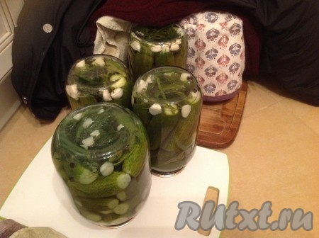 Закатанные банки с огурчиками переворачиваем, проверяем на протекание и ставим на крышки. После этого укутываем чем-нибудь тёплым на сутки. Это и будет медленной стерилизацией.