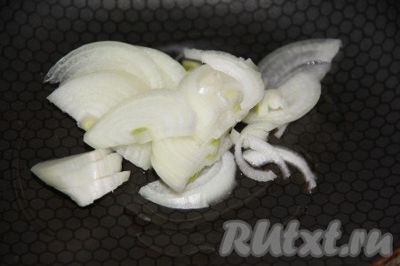 Очистить морковь и лук. В сковороду влить растительное масло, выложить лук, нарезанный полукольцами.
