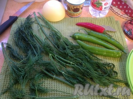 Подготовим укроп, острый перчик, очистим чеснок.