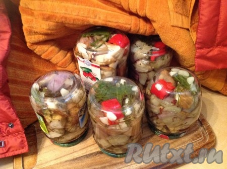 Залить банки с баклажанами граффити маринадом и закатать прокипяченными крышками. Затем укутать до полного остывания.