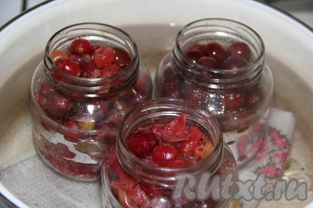 Затем аккуратно с помощью ложки примять ягоды в двух банках и в освободившееся место доложить ягоды из третьей баночки. В освободившуюся третью банку выложить свежие ягоды крыжовника, заполняя эту банку до самого верха. Снова поставить кастрюлю с тремя банками, прикрытыми крышками, на небольшой огонь и стерилизовать 10-15 минут с момента закипания воды в кастрюле. По прошествии 10-15 минут в баночке, из которой мы вначале переложили ягоды, а потом заполнили свежими ягодками, начинаем с помощи ложки аккуратно утрамбовывать крыжовник и добавлять свежие ягоды, заполняя банку до самого верха. Как только третья банка полностью заполнится ягодами и соком, стерилизовать три банки в течение 30 минут на небольшом огне. В итоге у нас получится три банки, полные ягод с соком. Аккуратно достать банки из кастрюли, закрутить, перевернуть, остудить и убрать на хранение в холодильник.