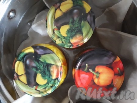 На дно большой кастрюли положить полотенце (или тряпочку), поставить банки, наполненные салатом. Прикрыть баночки прокипячёнными крышками. Влить в кастрюлю воду, которая должна доходить до "плечиков" банок, поставить на огонь. Довести воду до кипения на среднем огне и стерилизовать салат 10 минут.