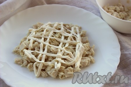 На плоское блюдо первым слоем выложить нарезанное куриное филе, сделать майонезную сеточку.