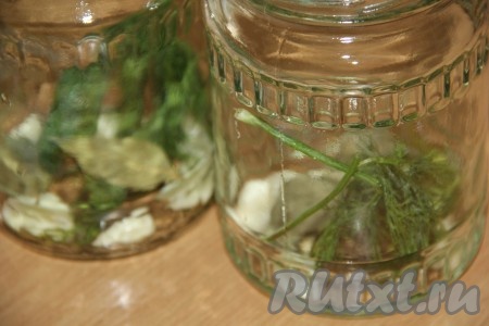Банки предварительно хорошо вымыть и простерилизовать любым способом. В каждую стерильную банку выложить 1 зонтик укропа, 2 очищенных зубчика чеснока, 1 лавровый лист, 3 горошинки чёрного перца, щепотку семян горчицы, 1 горошину душистого перца.
