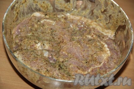 Выложить мясо, нарезанное на порционные кусочки, в горчичный маринад и тщательно перемешать. Свинину дополнительно не солим, соли достаточно в маринаде. Маринад должен полностью покрыть кусочки свинины. Поставить миску с мясом в холодильник на ночь.
