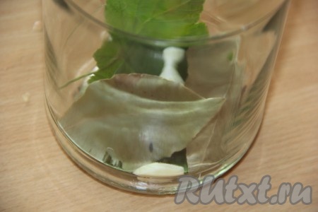 Огурчики предварительно замочить в холодной воде на 5-7 часов. Трёхлитровую банку хорошо вымыть (я баночку не стерилизовала). Зубчики чеснока очистить. Выложить на дно банки чеснок, горошинки душистого и чёрного перцев, листья смородины и хрена, лавровые листочки.
