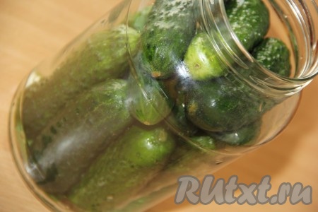 Предварительно замоченные огурцы хорошо вымыть, кончики не срезать. Плотно выложить огурцы в банку.
