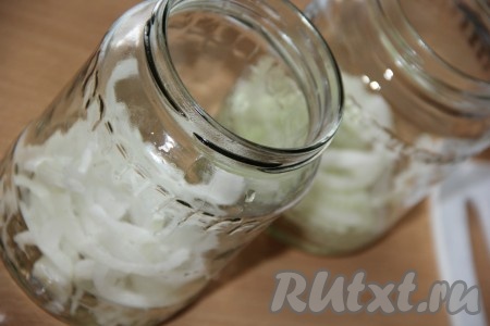 Лук очистить и нарезать колечками (или полукольцами). В чистые и стерильные банки выложить лук. Я равномерно разделила две луковицы на три банки.
