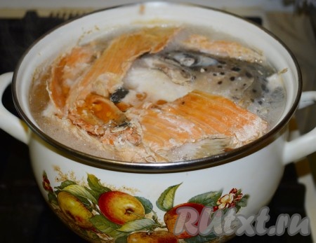 Суп будем готовить из остатков сёмги (у меня была большая рыба размером 7-8 кг), которые мы не смогли пустить на филе (голова, хвост, хребты, брюшки, рёбра). Из головы удаляем жабры, нарезаем хребет на средние кусочки. Складываем подготовленные куски семги в кастрюлю с холодной водой, добавляем 1 очищенную луковицу. Ставим кастрюлю на огонь, доводим воду до кипения, снимаем пену с бульона. Делаем огонь самым слабым и продолжаем варить рыбный бульон, примерно, 30-40 минут (до полной готовности сёмги).
