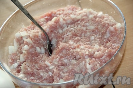 К фаршу с луком добавить специи, соль и воду, тщательно перемешать. Фарш должен получиться не густым, а вязким.
