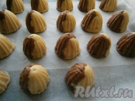 Перевернуть соковыжималку и немного потрусить, сформированное песочное печенье с изюмом само вывалится. Выложить печенье на противень, застеленный пергаментом. Таким образом сформировать из теста двухцветное печенье. Если у вас нет соковыжималки, сформируйте печенье в виде шариков.
