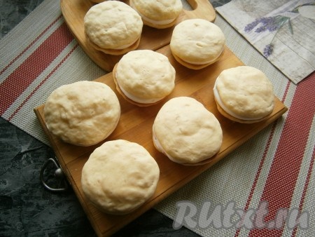 Печенье, покрытое желатиновой массой, накрыть ничем не покрытыми печенюшками (у нас получится двойное печенье с желатиновой прослойкой) и сразу поместить в холодильник на 10-15 минут. Прослойка быстро застынет и по своей структуре станет похожа на маршмеллоу.
