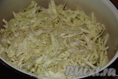 Очистить свеклу, морковь и чеснок. Капусту тонко нашинковать и выложить в глубокую кастрюлю.
