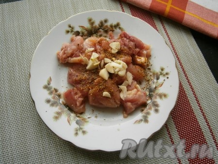 Чеснок и лук очистить. Мясо отделить от костей. Я использовала бёдрышки, можно взять филе или другие части курицы. Нарезать мясо средними кусочками, посыпать солью, специями, добавить нарезанный тонкими пластинами чеснок, перемешать.
