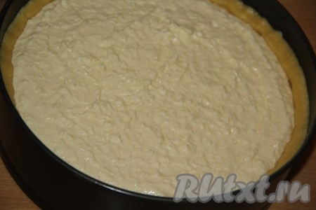 Перемешать творожную массу и выложить её в форму поверх теста, разровнять. Поставить форму в разогретую духовку.
