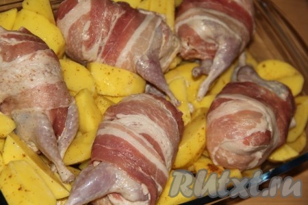 Картофель очистить и нарезать на крупные дольки, посолить, добавить любимые приправы. Выложить картошку в форму для запекания (или на противень), сверху выложить перепелов, их тоже можно немного посыпать специями.
