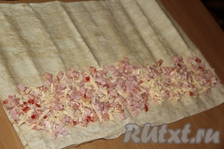 Я разрезала лаваш на два пласта. На край каждого листа лаваша, отступив немного от края (как на фото), выложить начинку.
