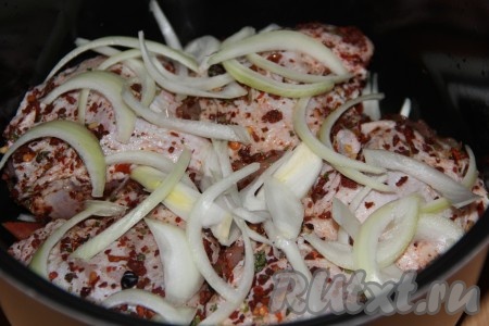 Поверх кусочков курицы разложить оставшийся лук.
