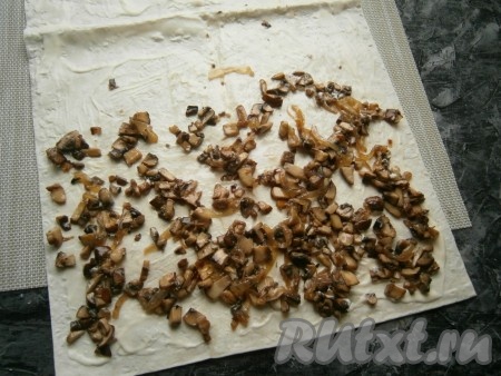 На одну половину лаваша выложить остывшие шампиньоны с луком.
