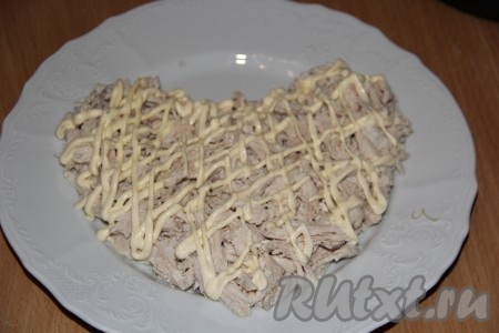 Поверх мяса нанести сеточку из майонеза, можно слегка подсолить.
