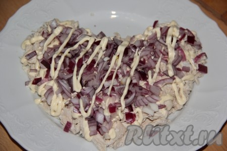 Поверх лука нанести сетку из майонеза.