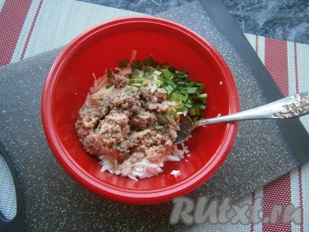 К сыру и яйцу добавить измельчённого консервированного тунца, соль и чёрный молотый перец по вкусу, нарезанный зелёный лук.
