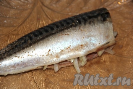 Лук почистить, нарезать на тонкие полукольца, вложить в брюшко скумбрии.
