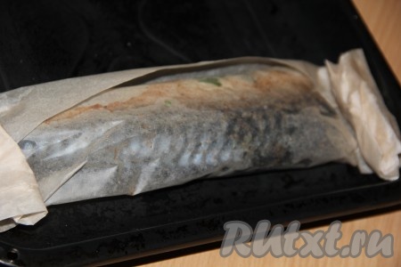 Завернуть скумбрию в пергамент и закрутить края с двух сторон. Выложить рыбу на противень для запекания.
