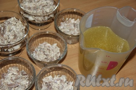 Разложить мясо по креманкам (или в одну форму). Прогреть желатин на среднем огне, помешивая, до полного растворения (не доводить до кипения!) и развести в 600 мл тёплого, предварительного процеженного бульона, посолить по вкусу.
