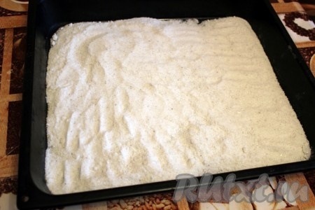 На противень для духовки высыпать слой соли.
