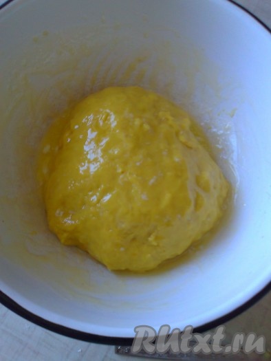 Поместите в неё тесто, смажьте его сверху второй половиной масла.