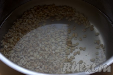 Набухшую перловку хорошо промыть. Поместить в кастрюлю, залить тремя стаканами холодной воды и поставить на огонь. Как только закипит вода, уменьшить огонь до минимума, немного посолить, накрыть кастрюлю крышкой и варить перловку, примерно, 50 минут (до полного испарения жидкости).
